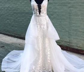 Elegant White v neck tulle lace long prom dress lace formal dress   cg13195 main image 0