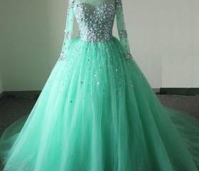 dresses dress gown ball turquoise prom mint puffy sleeve modest sleeves gowns arrival sparkly quinceanera tulle sweetheart crystals sheer beaded