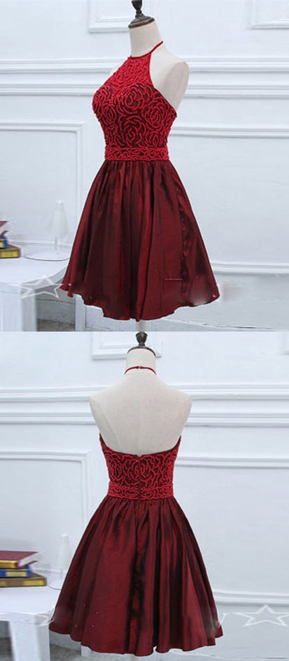 Burgundy Vintage Short Paty Dress, Homecoming Dress  C2058