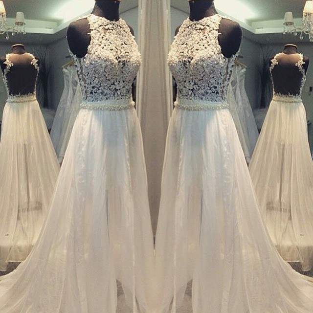 A-line Sleevess Simple Scoop Sweep-train Hollow Wedding Dress