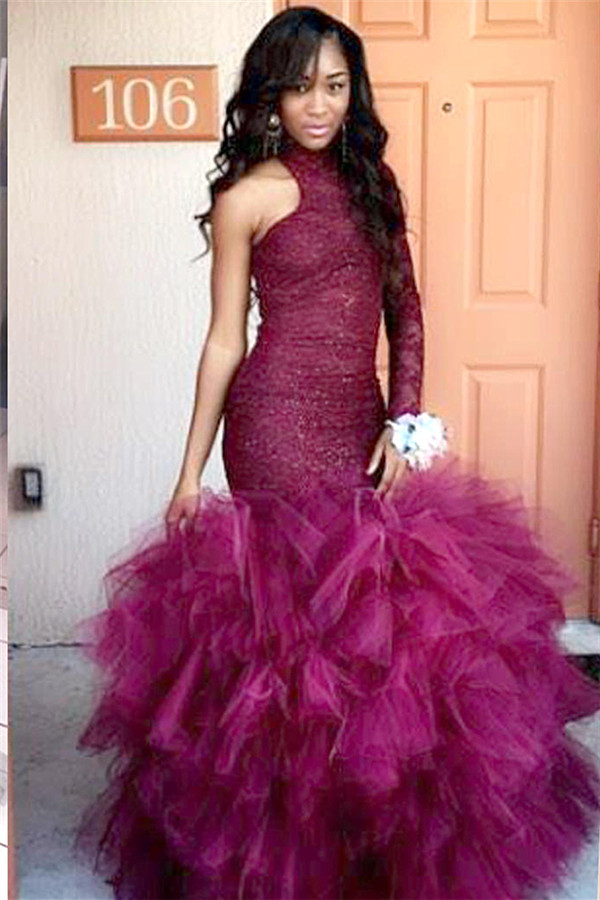 Tulle Latest Lace High Neck Puffy Specail One Sleeve Prom Dress On Tulle Latest Lace High Neck Puffy Specail One Sleeve Prom Dress