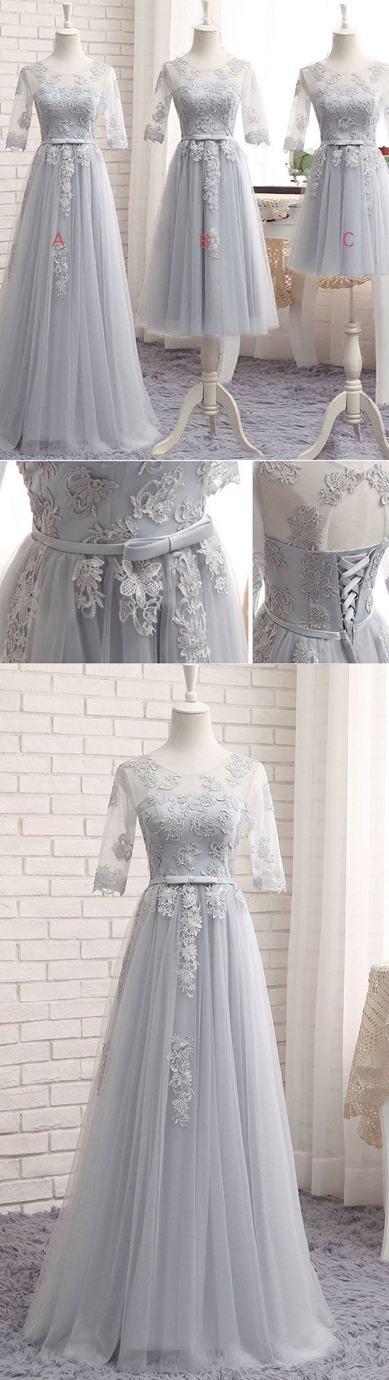 Gray Tulle Lace Long Prom Dress, Gray Bridesmaid Dress, Gray Tulle Lace Long Wedding Party Dress