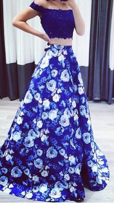 Blue Flower Print Prom Dresses
