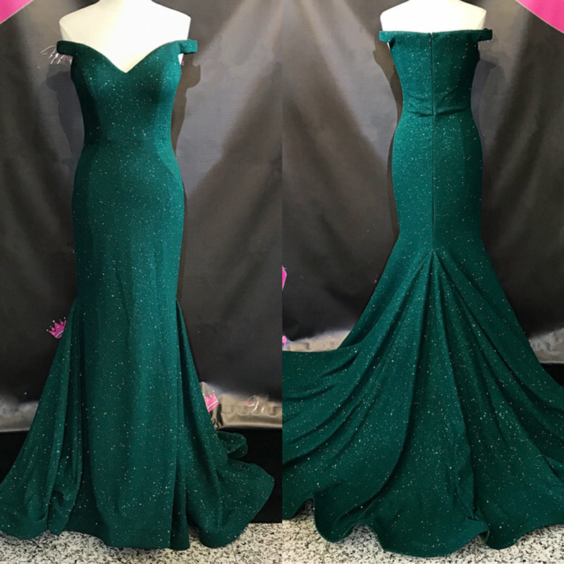 emerald green off the shoulder prom dress