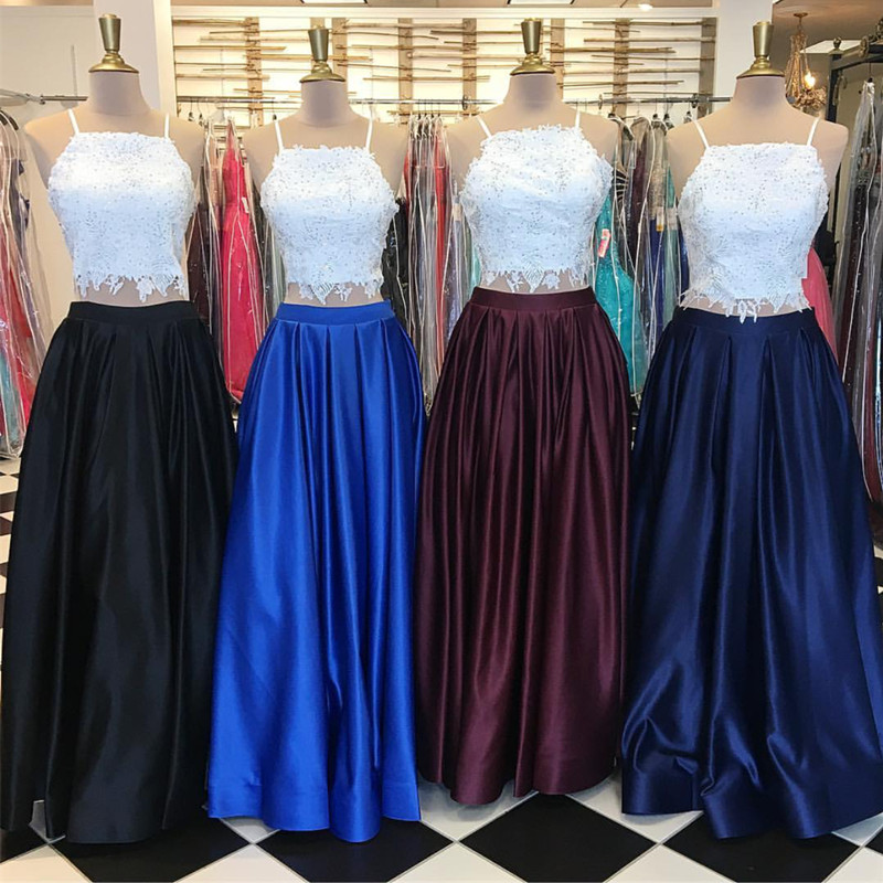 Two Piece Lace and Satin Long Prom Dresses