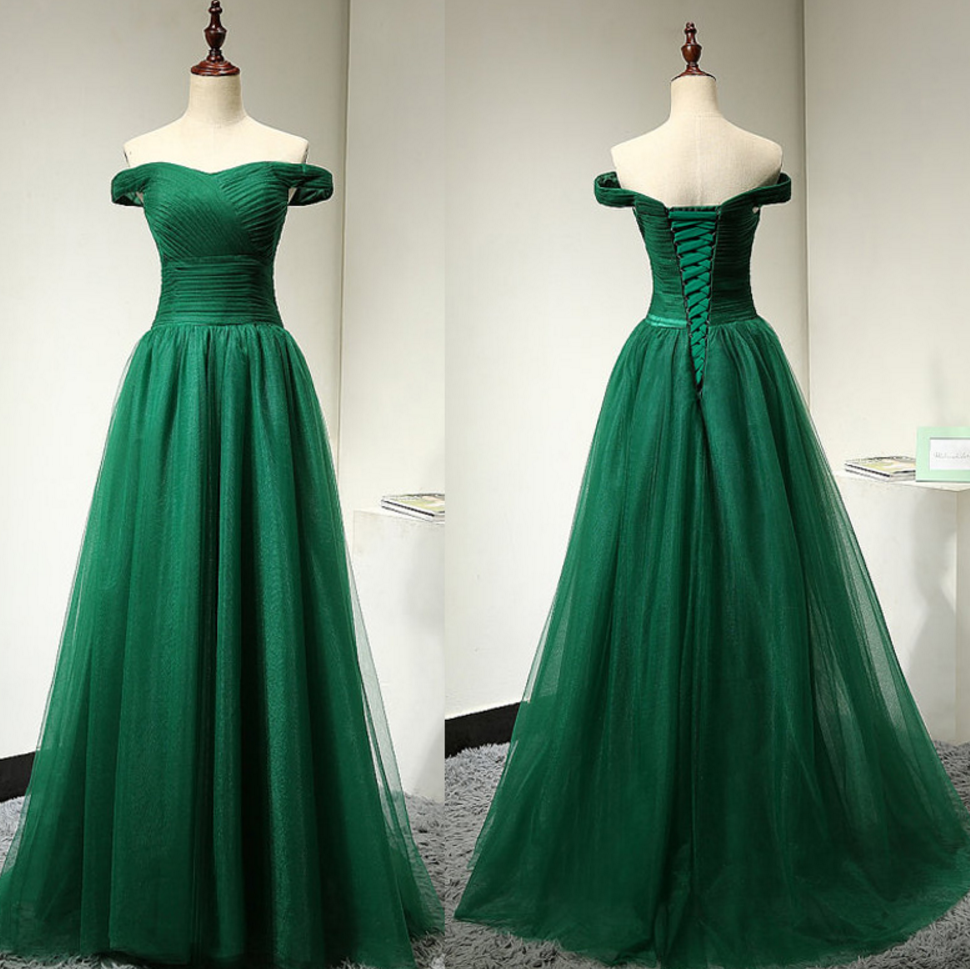 Off Shoulder Sleeves Green Prom Dress,Green Tulle Graduation Dress,Sexy ...