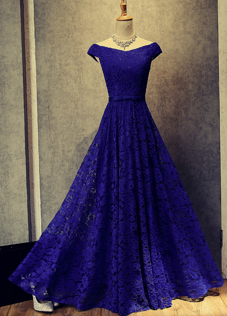 Royal Blue Lace Off Shoulder Evening Gowns, Blue Long Party Dresses, Prom Dresses