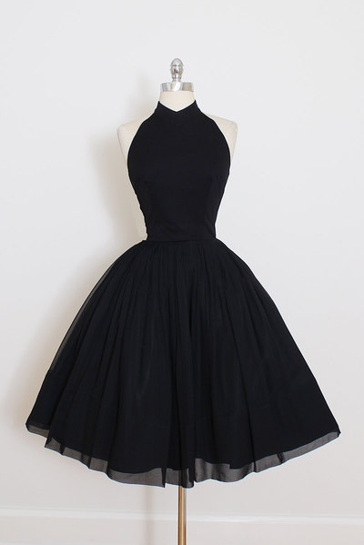 Vintage Little Black Dress, Short Black Halter Prom Dress Homecoming Dress
