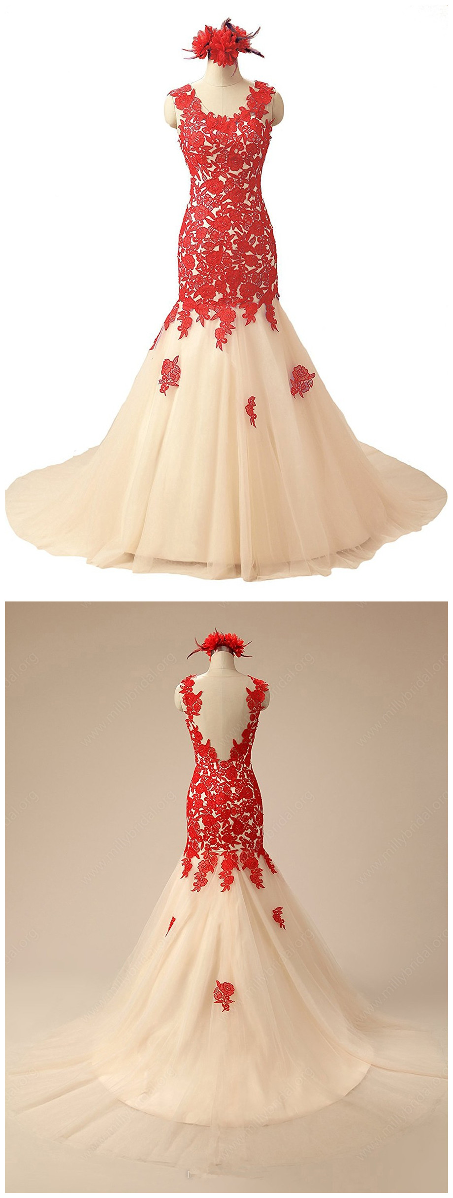 Tulle Mermaid Scoop Neck Lace Up Back Prom Dresses, Party Dress main image 1