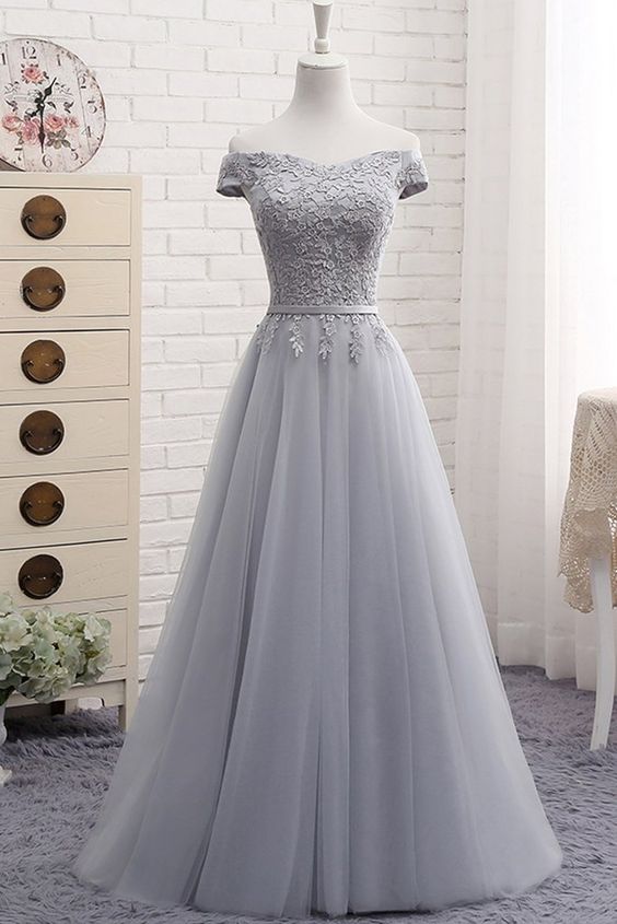 Gray Tulle Off Shoulder Long A-line Senior Prom Dress, Simple Bridesmaid Dress