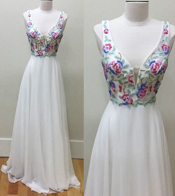 White V Neck Beads Chiffon Long Prom Dress, White Formal Dress