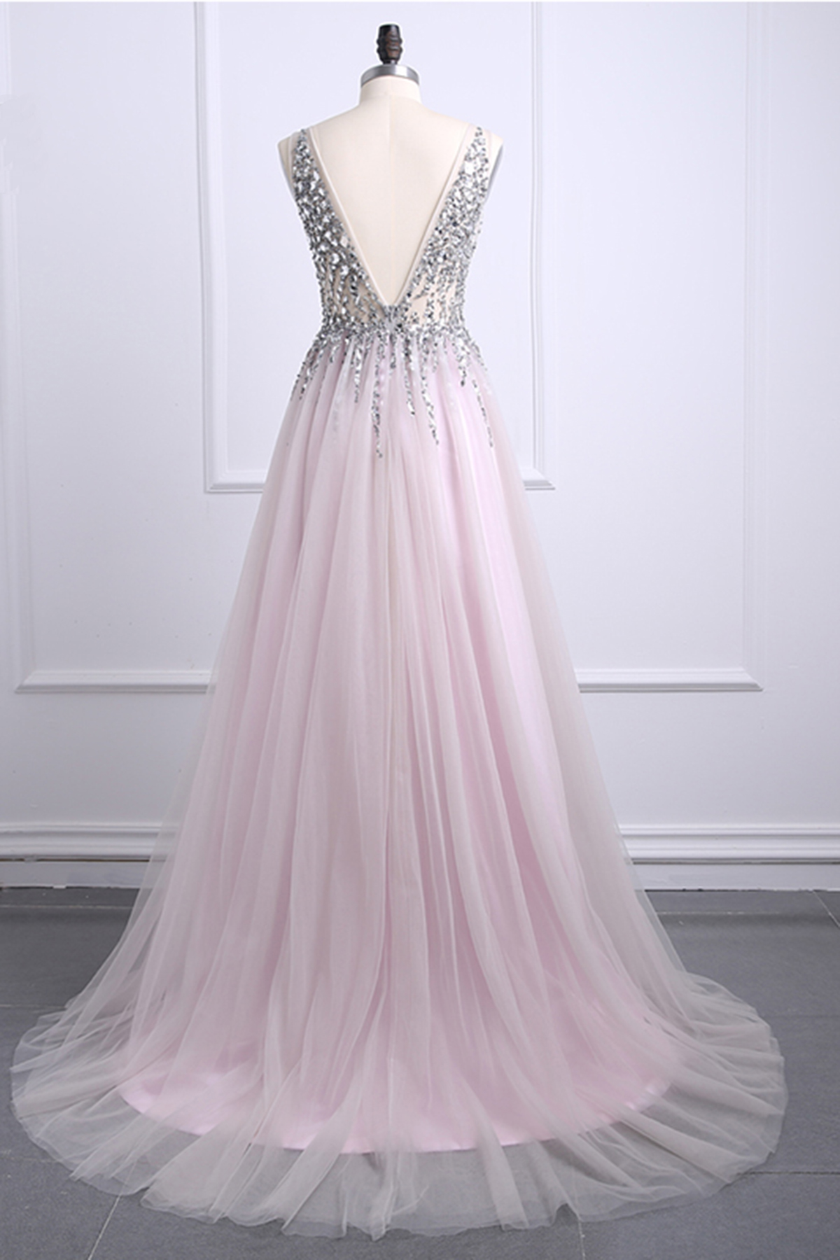 V Neck Pink Sequin A-line Long Prom Dress main image 0