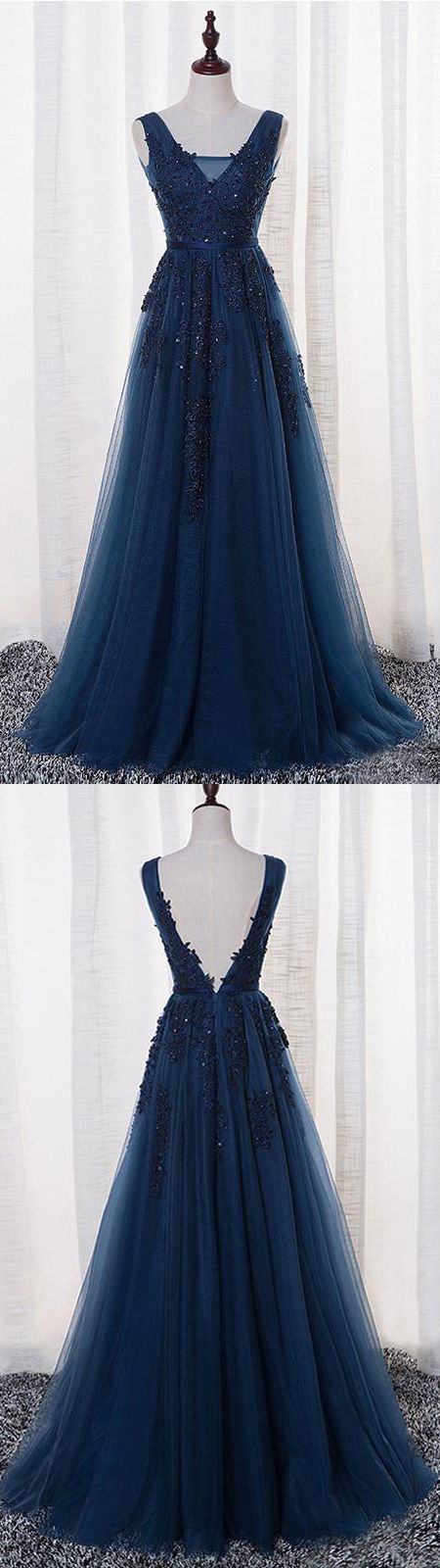 A-Line Low V Neck Halter Sleeveless Pleated Appliques Blue Tulle Prom Dress WU1633 main image 1
