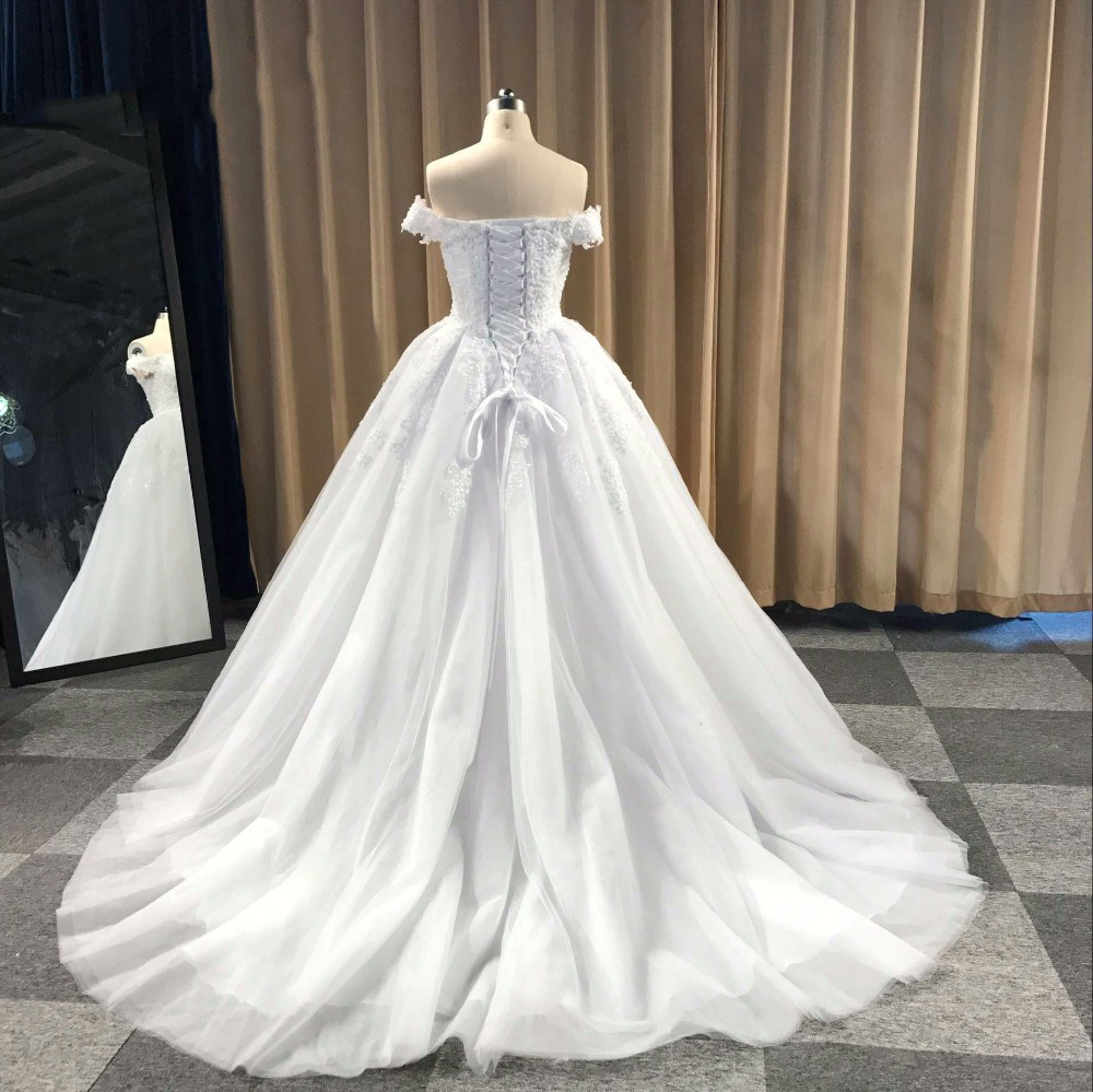 off shoulder white ball gown