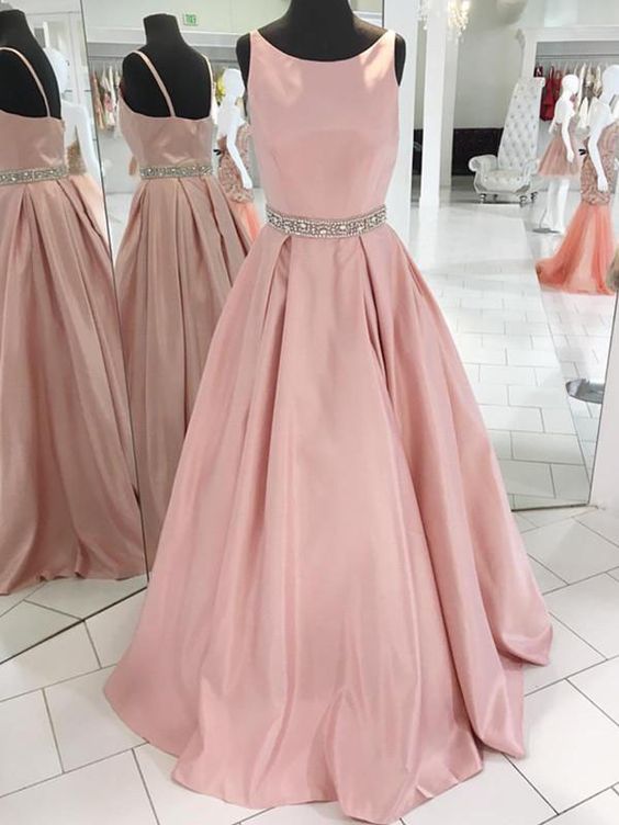 Simple pink satin long prom dress, pink evening dress – dresstby