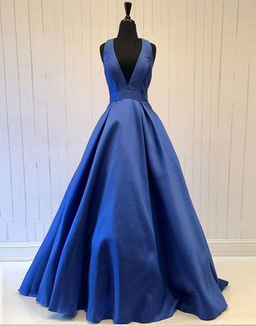 Blue V Neck Long Prom Dress With Bow, Blue Evening Dress Prom Gowns ...