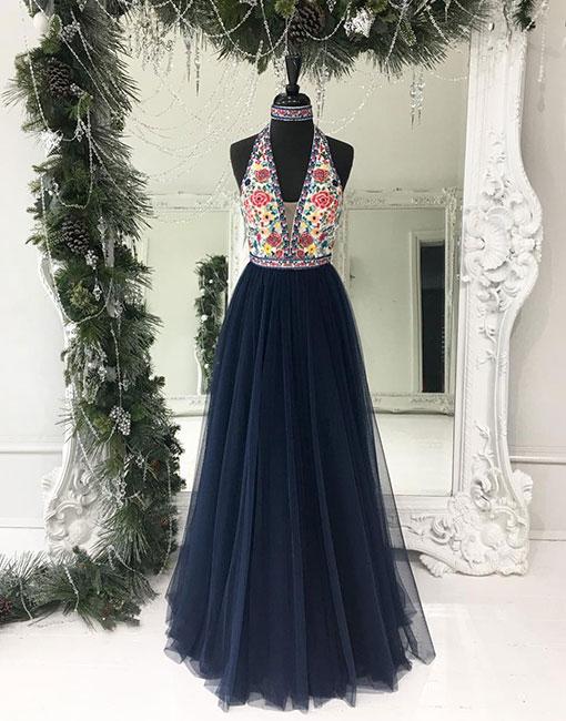 Dark blue tulle long prom dress, blue evening dress P0616