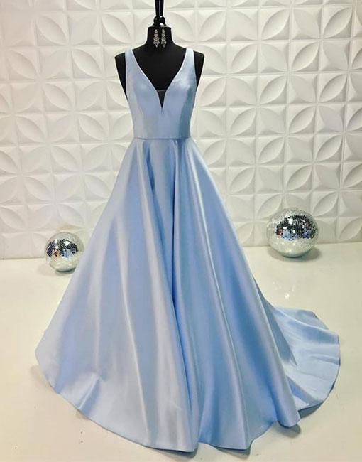 light blue v neck prom dress