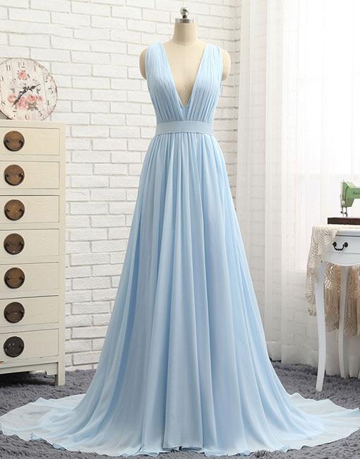 Simple blue v neck chiffon long prom dress, blue evening dress P1058