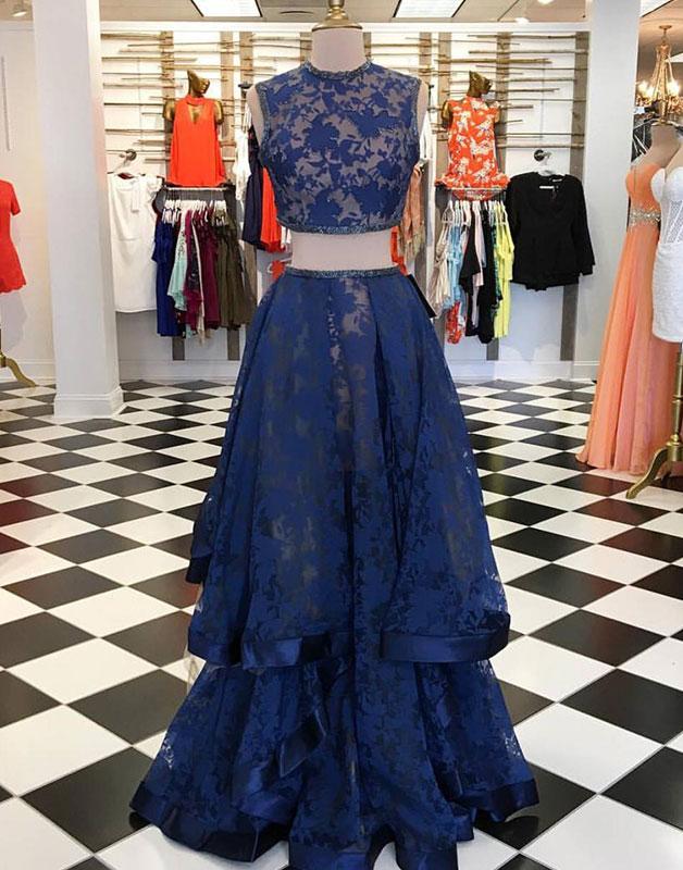 Dark blue lace two pieces long prom dress, dark blue evening dress P1102