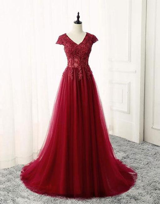 Burgundy V Neck Lace Long Prom Dress, Burgundy Evening Dress P1104