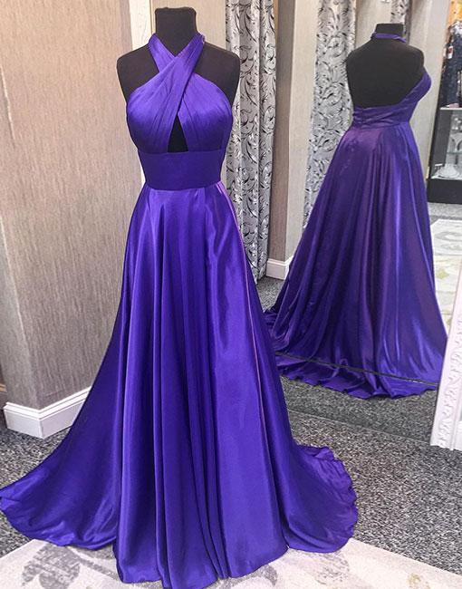 Satin Tie-halter Floor Length A-line Formal Dress Featuring Cutout Front And Open Back, Prom Dress