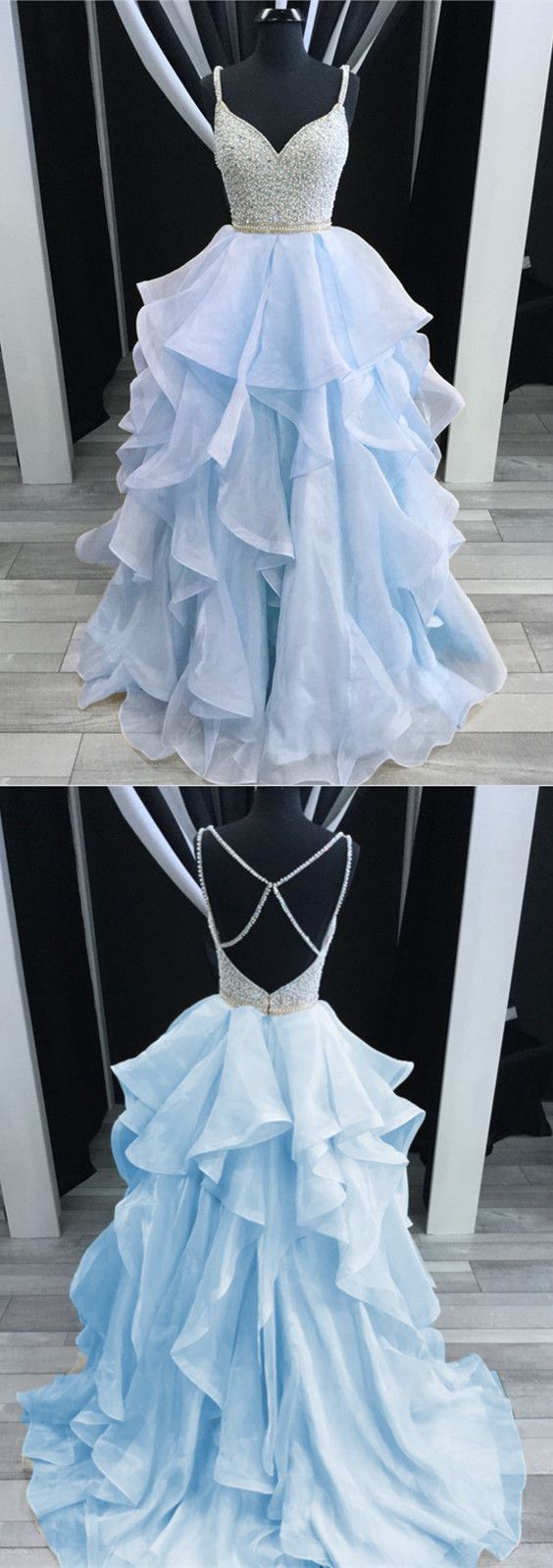 Baby Blue Prom Dresses Ballgowns Organza Ruffles V-neck With Beaded And Cross Back P1896
