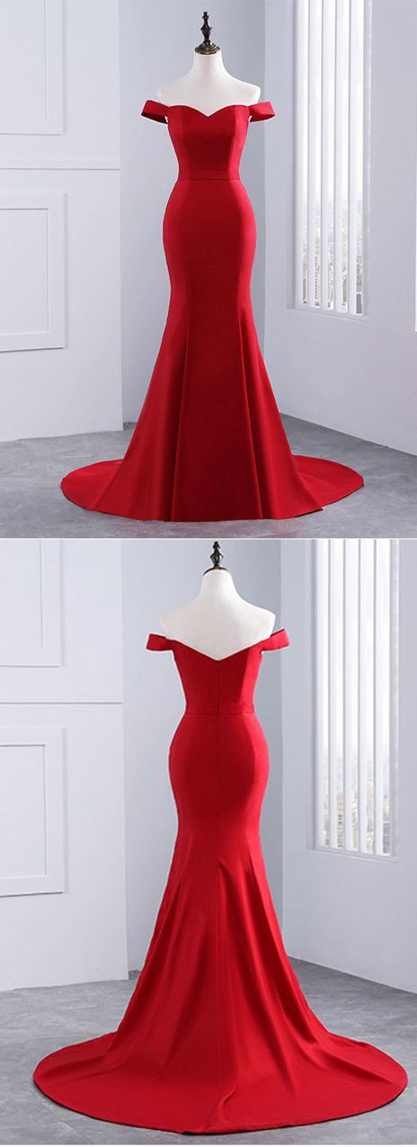 Elegant Red Off The Shoulder Prom Dress, Sweetheart Mermaid Long Evening Gown With Sweep Train P2057