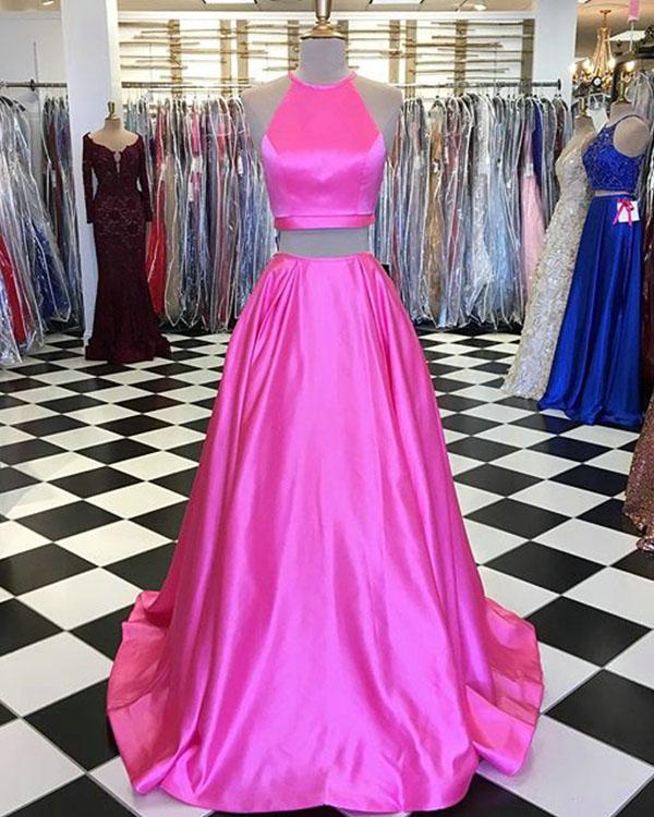 Hot pink two piece prom dress
