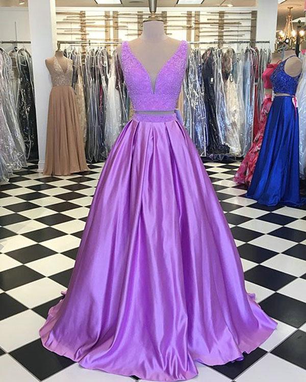 purple 2 piece prom dress