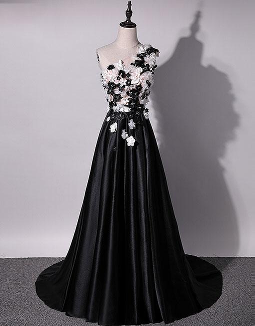 Black One Shoulder Long Prom Dress, Black Evening Dress