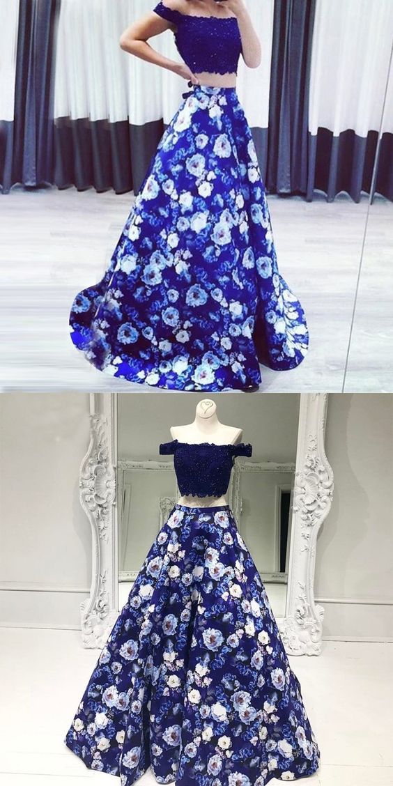 navy blue floral prom dress