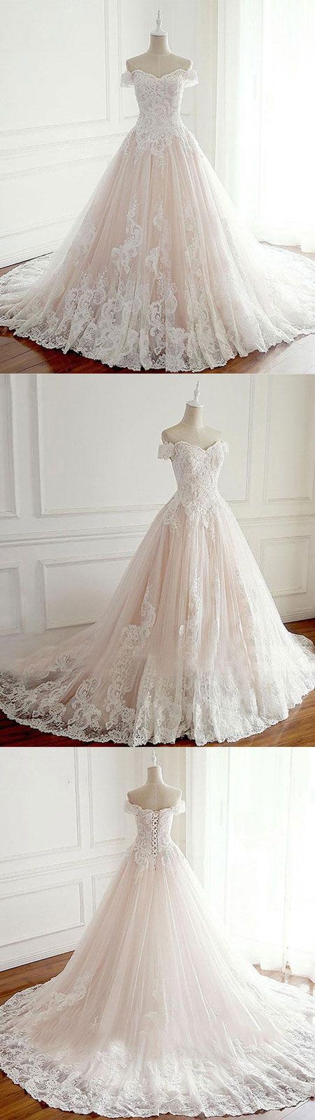 Unique Lace Tulle Long Wedding Dress, Lace Long Bridal Dress, Champagne Tulle Lace Long Prom Dress