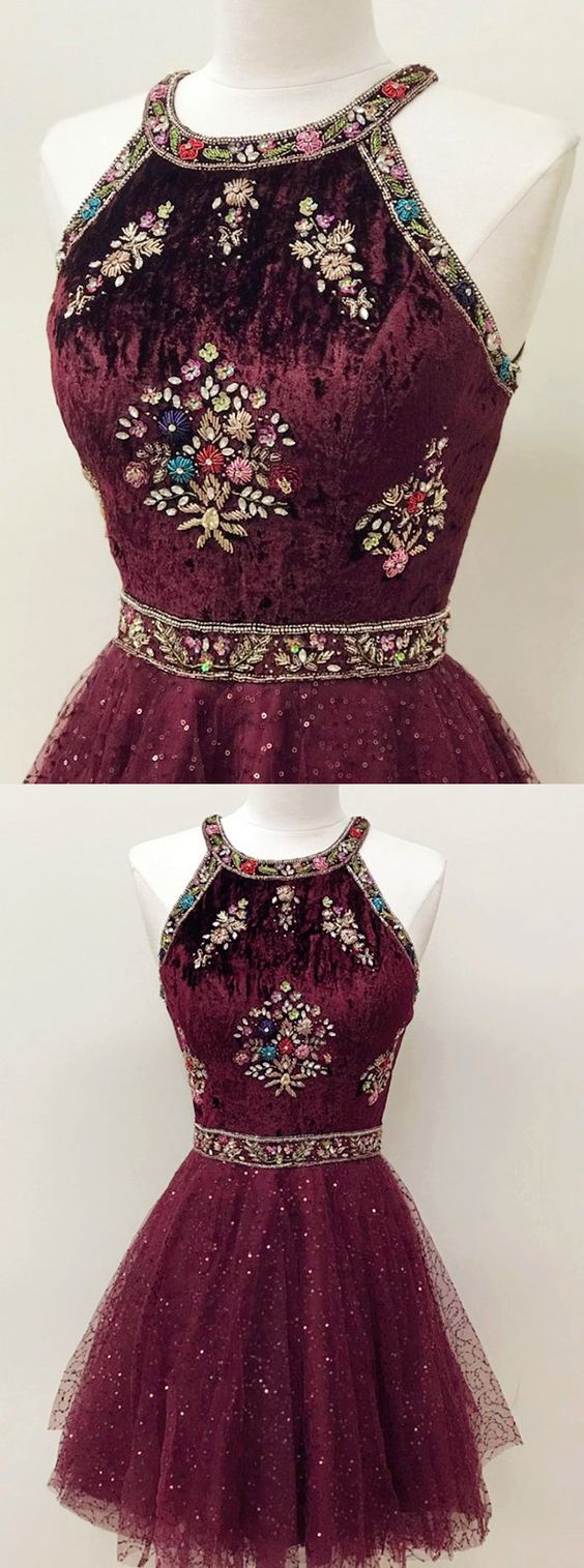 Sparkly Halter Burgundy Short Homecoming Dress with Beading