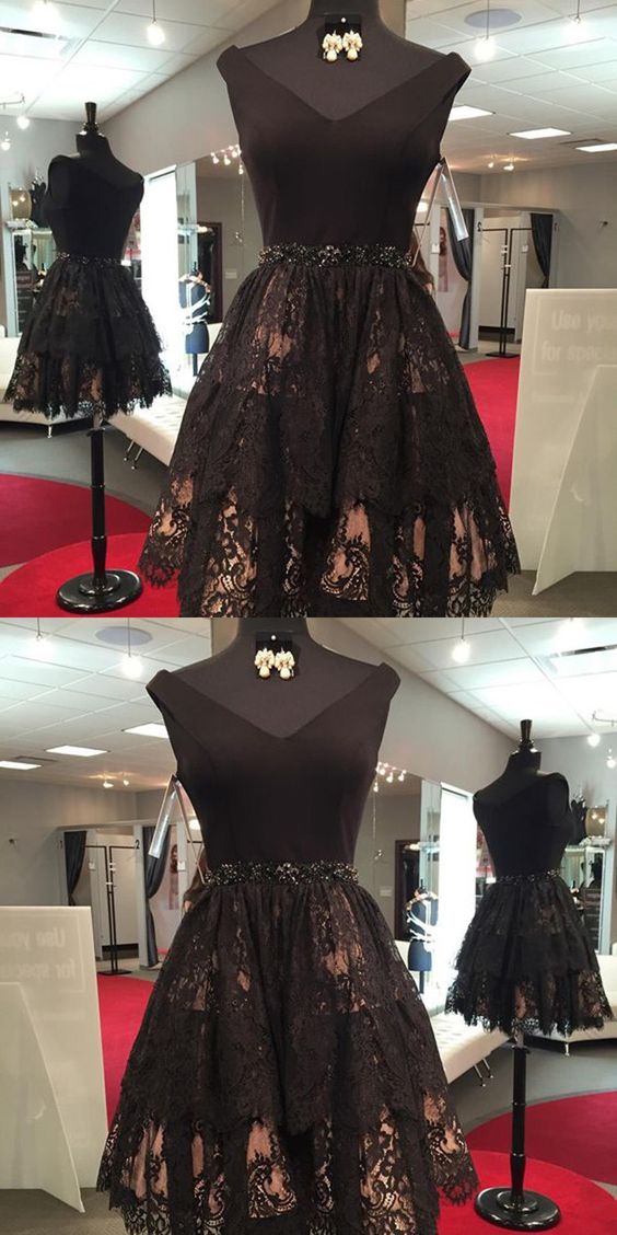 Black Short Lace Homecoming Dresses with Beading, Vintage Dresses for Freshman Homecoming