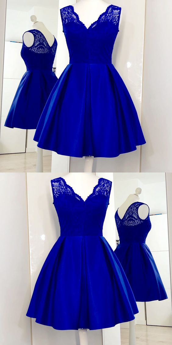 V-neck Royal Blue Satin Short Homecoming Dress With Lace