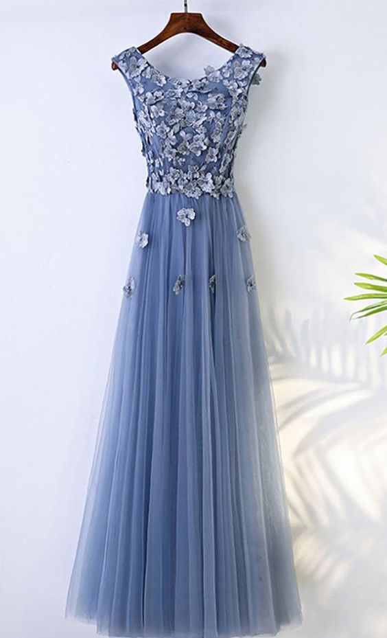 A-line Blue Flowy Prom Dress Long With 