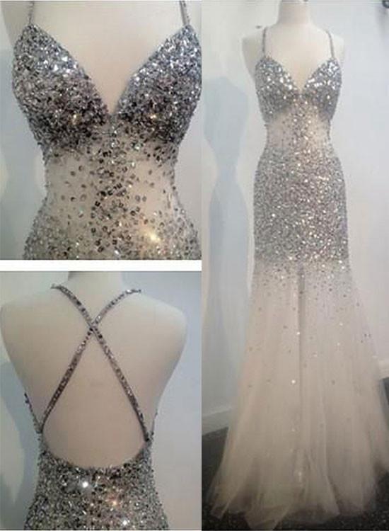 White Mermaid V Neck Long Prom Dress, White Evening Dress