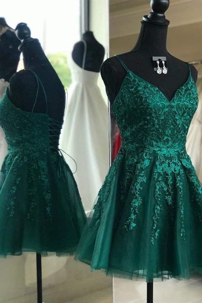 Cute A Line V Neck Backless Green Lace Prom Dress, Short Backless Green  Lace Formal Graduation Homec on Luulla