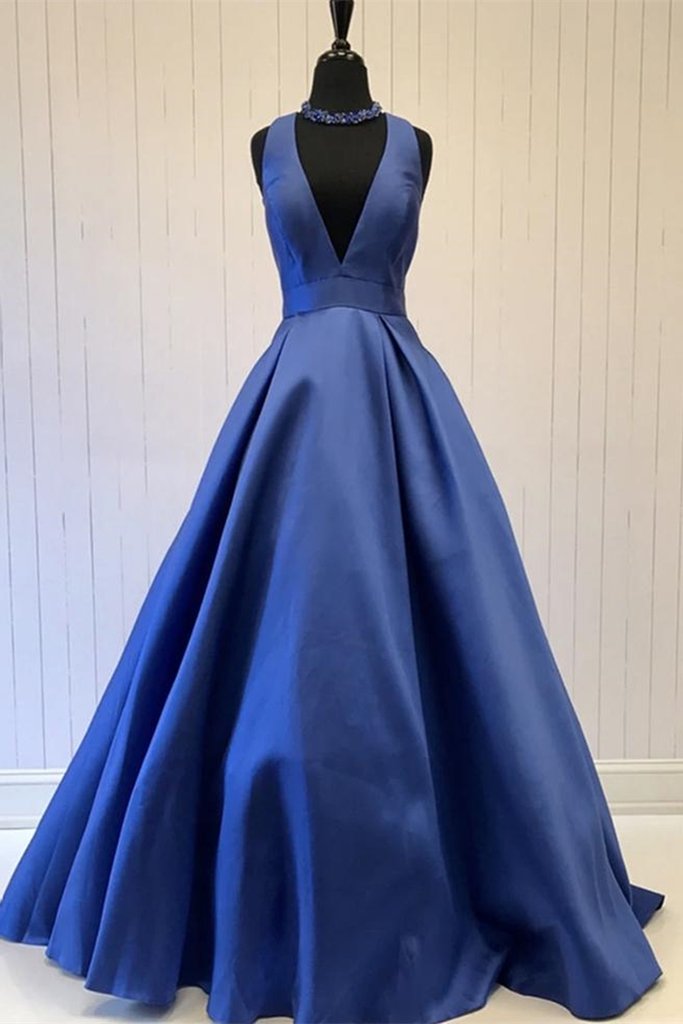 Simple V Neck Blue Satin Long Prom Dress, V Neck Blue Formal Dress, Cheap Blue Evening Dress