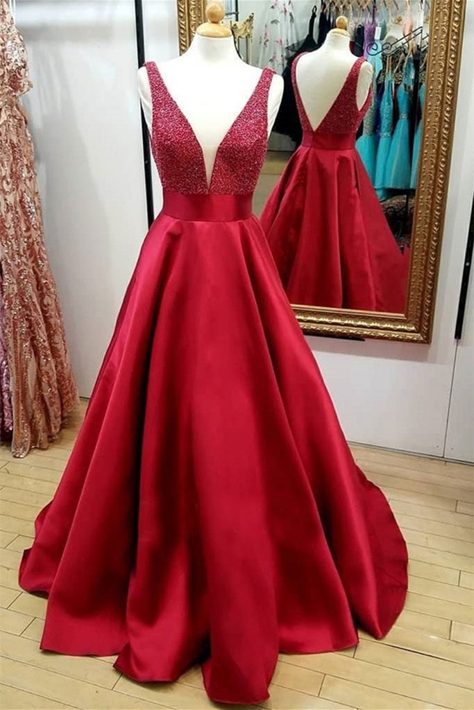 V-neck Sequins Lace Long Dresses Burgundy