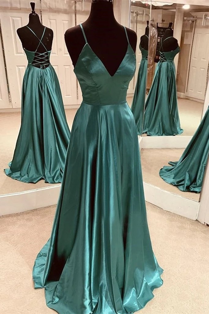 A Line V Neck Open Back Emerald Green Satin Long Prom Dress, Backless  Emerald Green Formal Graduation Evening Dress