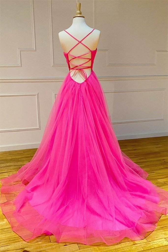 A Line V Neck Backless Hot Pink Prom Dresses, Open Back Hot Pink Long –  jbydress