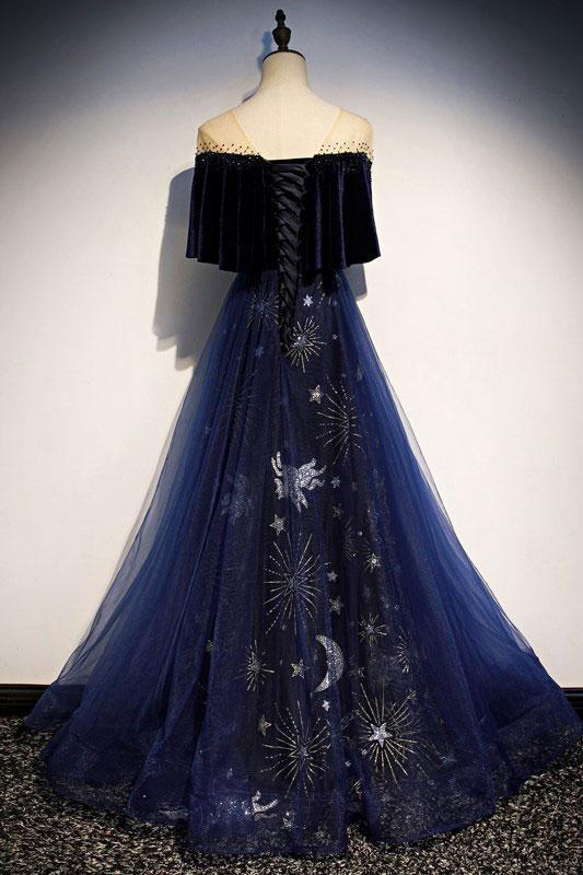 Blue Tulle With Velvet Long Party Dress, A-line Off Shoulder Formal ...