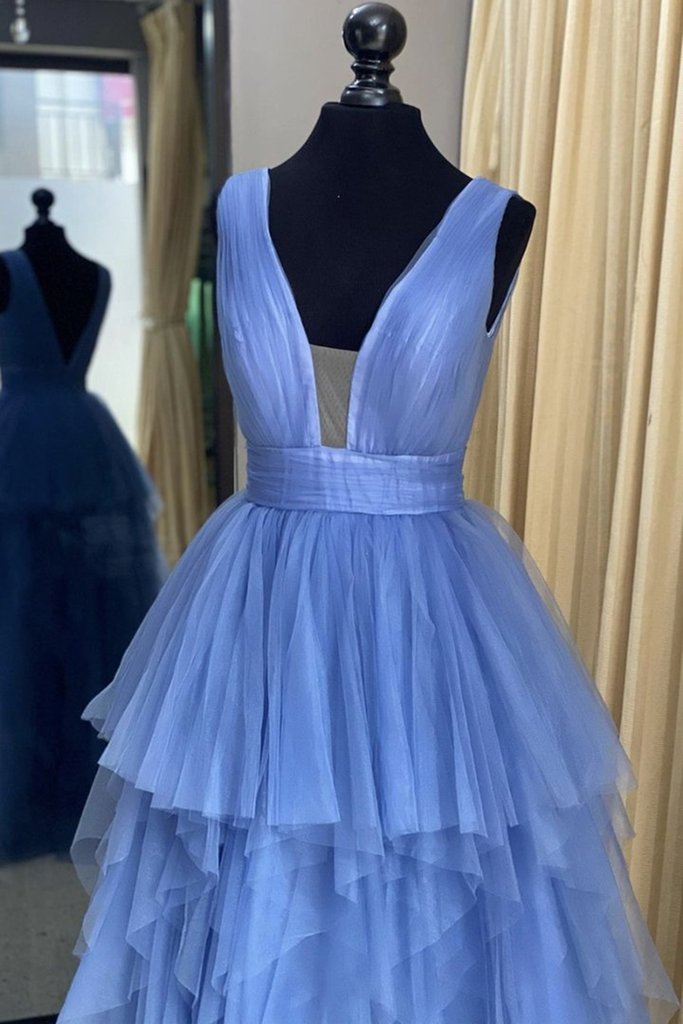 Aqua Blue Layered Tulle Prom Dresses V-neck FD2050 – Viniodress