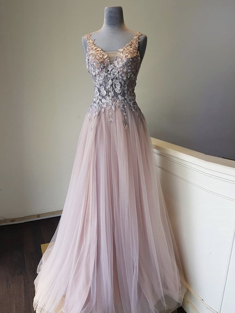 A Line Chic Pink Lace Straps Open Back Appliques Prom Dress LBQ0407 main image 1