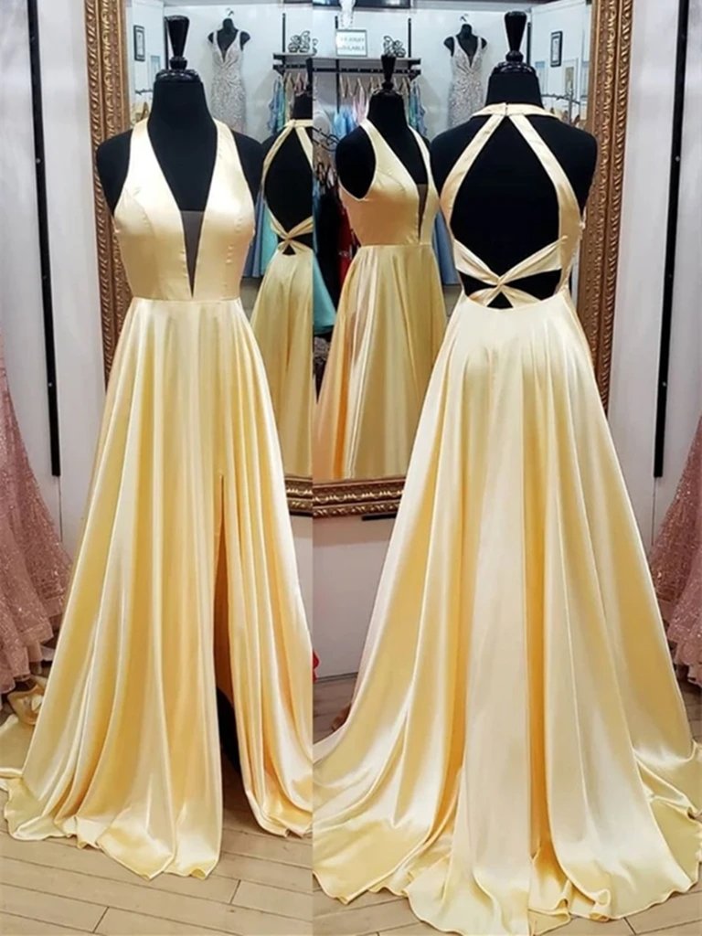 Gold Open Leg Prom Dresses