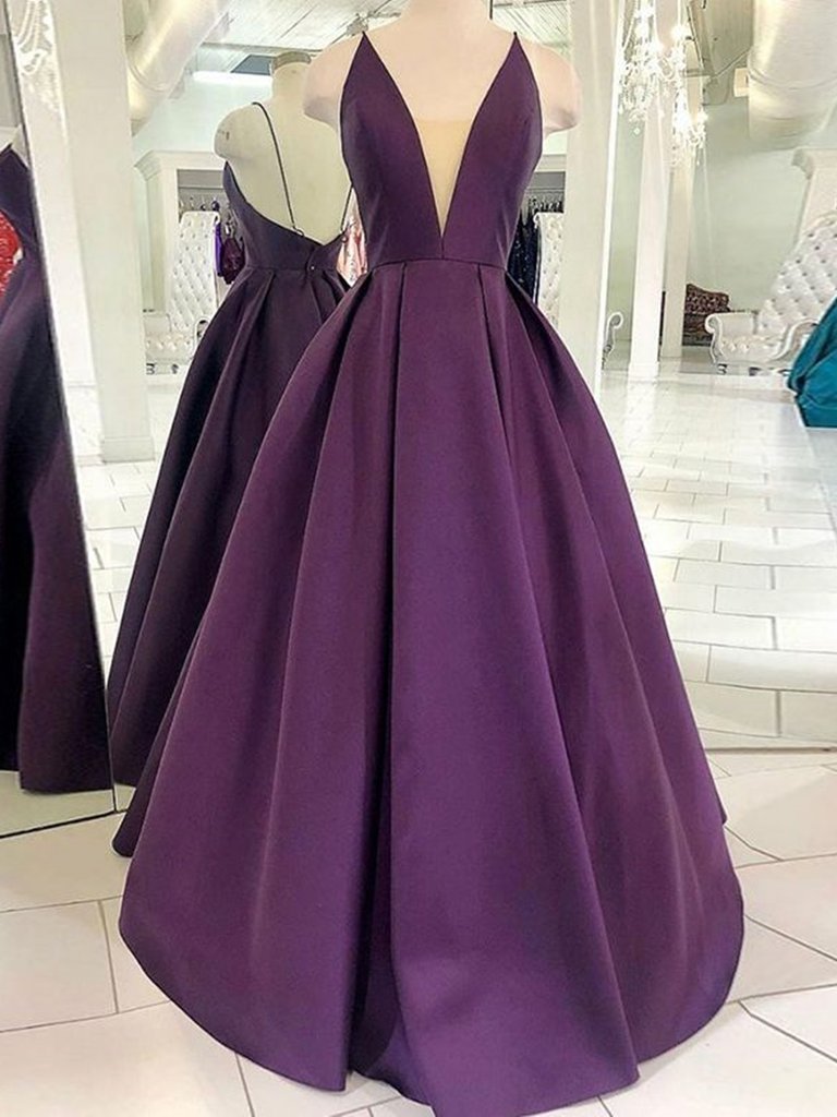 Deep V Neck Backless Purple Satin Long Prom Dresses, Backless Purple Formal Dresses, Purple Evening Dresses