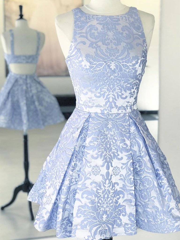 Short Light Blue Lace Prom Dresses, Light Blue Short Lace Formal Graduation  Dresses