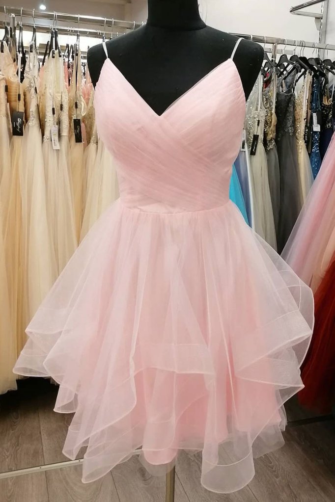 Simple pink tulle short prom dress pink cocktail dress